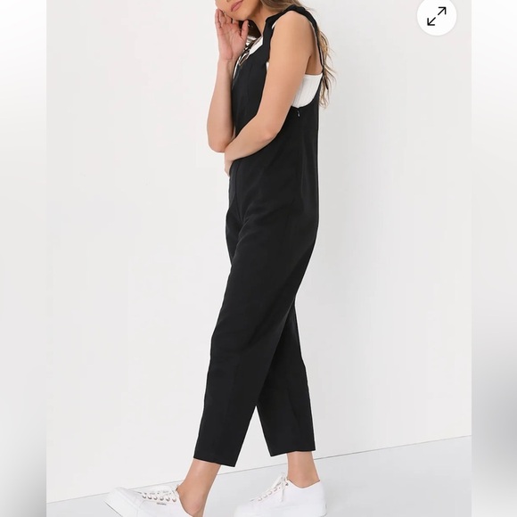 Lulus Tie Strap Beachy Linen Blend Straight Leg Preppy Black Overalls Jumpsuit L - Picture 3 of 16
